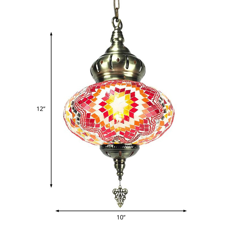 Vintage Lantern Pendant Light With Carved Metal Drop - Red/Blue/Rose Glass 1/3 Heads