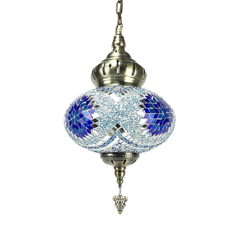 Vintage Lantern Pendant Light With Carved Metal Drop - Red/Blue/Rose Glass 1/3 Heads