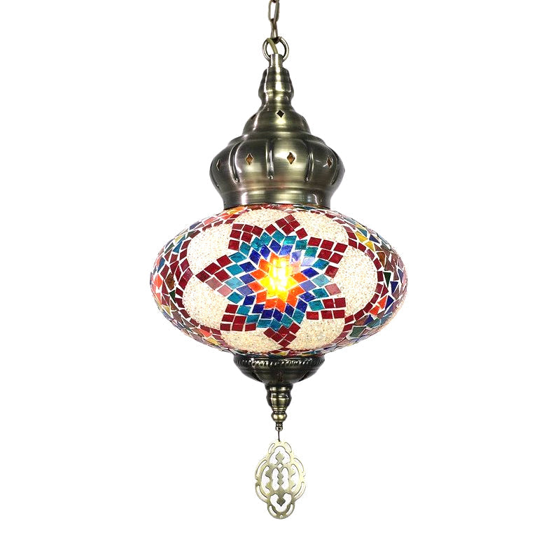 Vintage Lantern Pendant Light With Carved Metal Drop - Red/Blue/Rose Glass 1/3 Heads