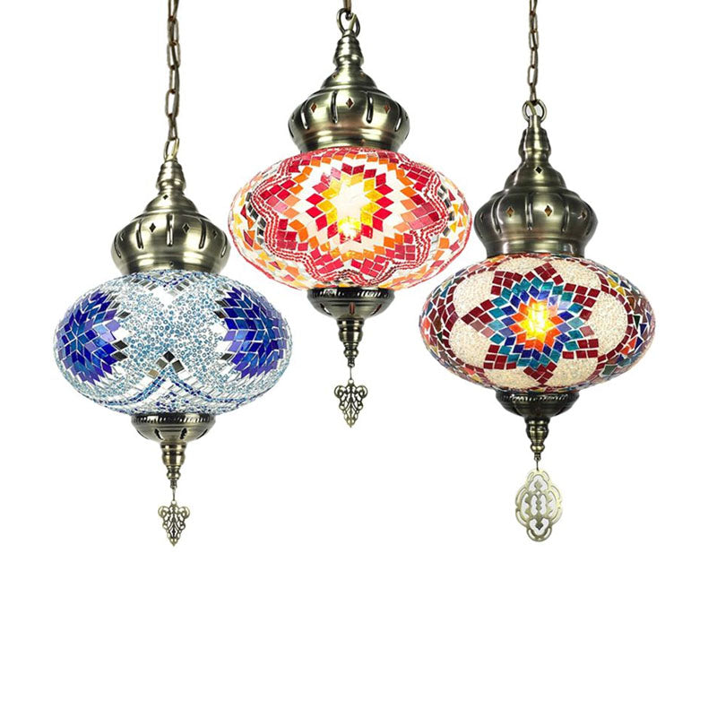 Vintage Lantern Pendant Light With Carved Metal Drop - Red/Blue/Rose Glass 1/3 Heads