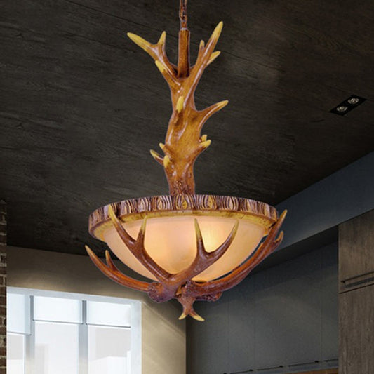 Country Style Brown Pendant Light With Elk Design And Frosted Glass Bowl