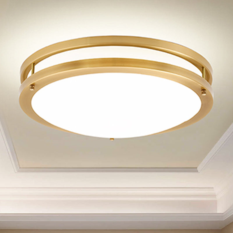 LED Ceiling Mount Drum Flush Light Fixture for Corridor - Black/Brass Finish with Warm/White Light Options - 12"/16" W