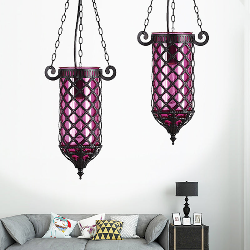 Pencil Glass Pendant Lamp - Antique Hanging Light Fixture With Blue/Green/Purple Tones For Living
