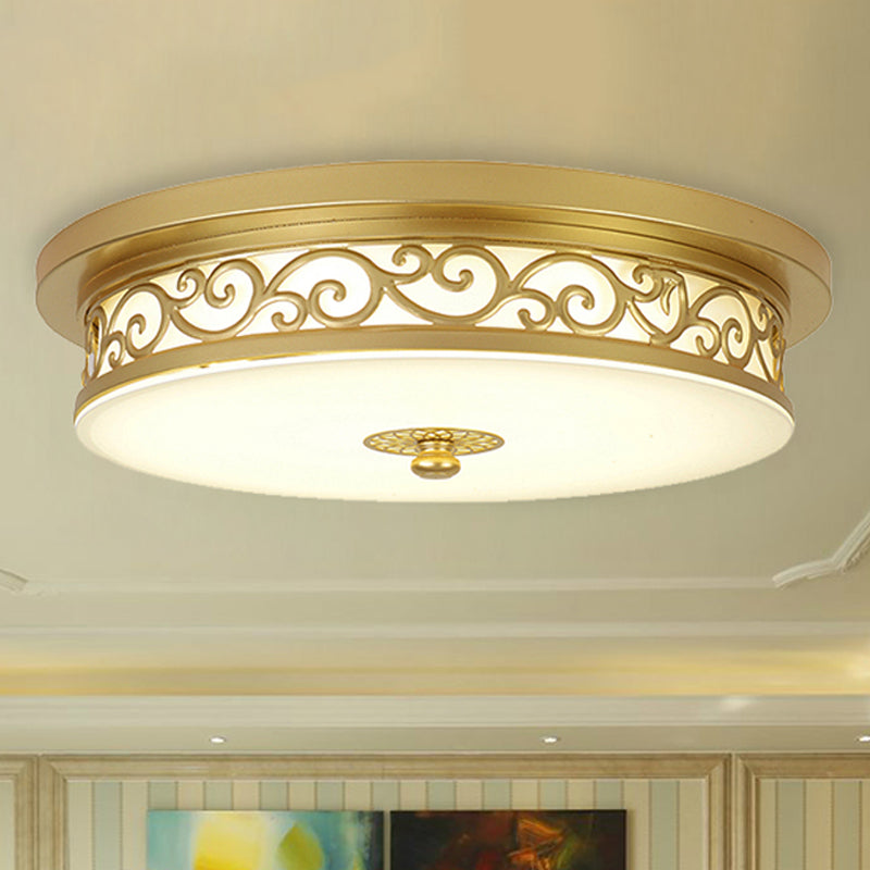 Gold Drum Flush Mount LED Lamp with Classic White Glass - Ideal Living Room Ceiling Light in White or Warm Light (12"/16"/19.5" W)