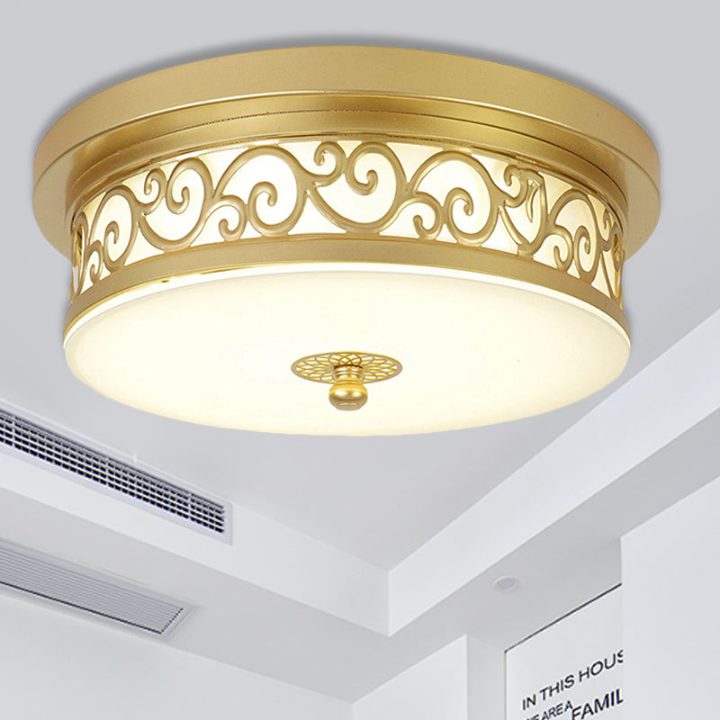 Gold Drum Flush Mount LED Lamp with Classic White Glass - Ideal Living Room Ceiling Light in White or Warm Light (12"/16"/19.5" W)