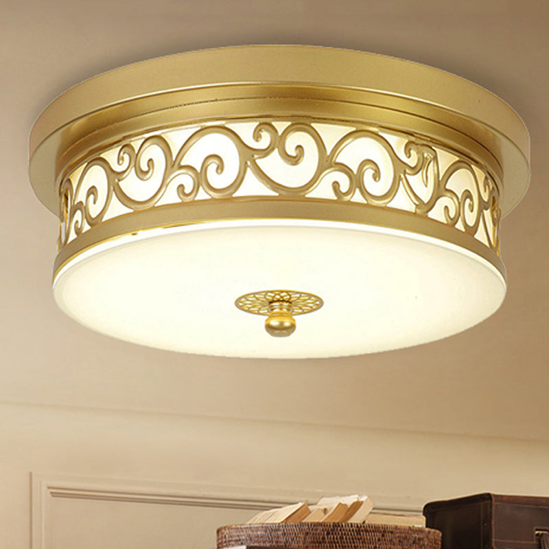 Gold Drum Flush Mount LED Lamp with Classic White Glass - Ideal Living Room Ceiling Light in White or Warm Light (12"/16"/19.5" W)