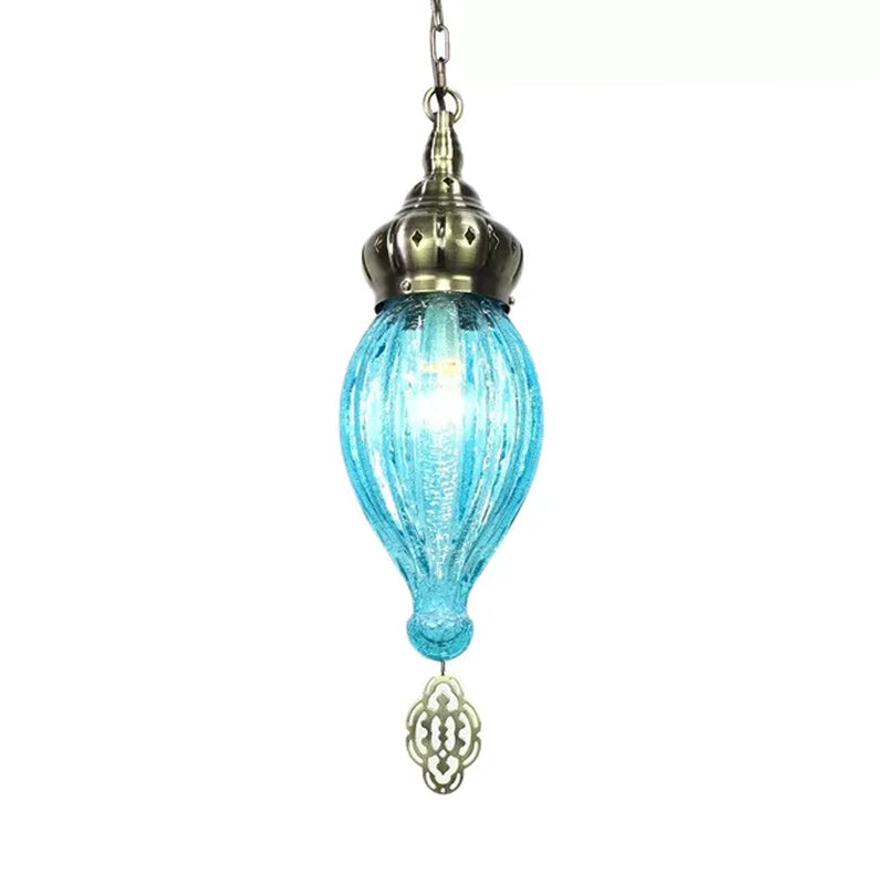 Ribbed Glass Droplet Hanging Lamp In Blue/Green/Taupe - Perfect For Bedroom