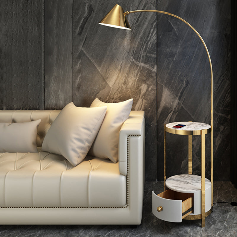 Postmodern Metal Fishing Rod Floor Lamp With Swivel Cone Shade And Marble Tray Cabinet