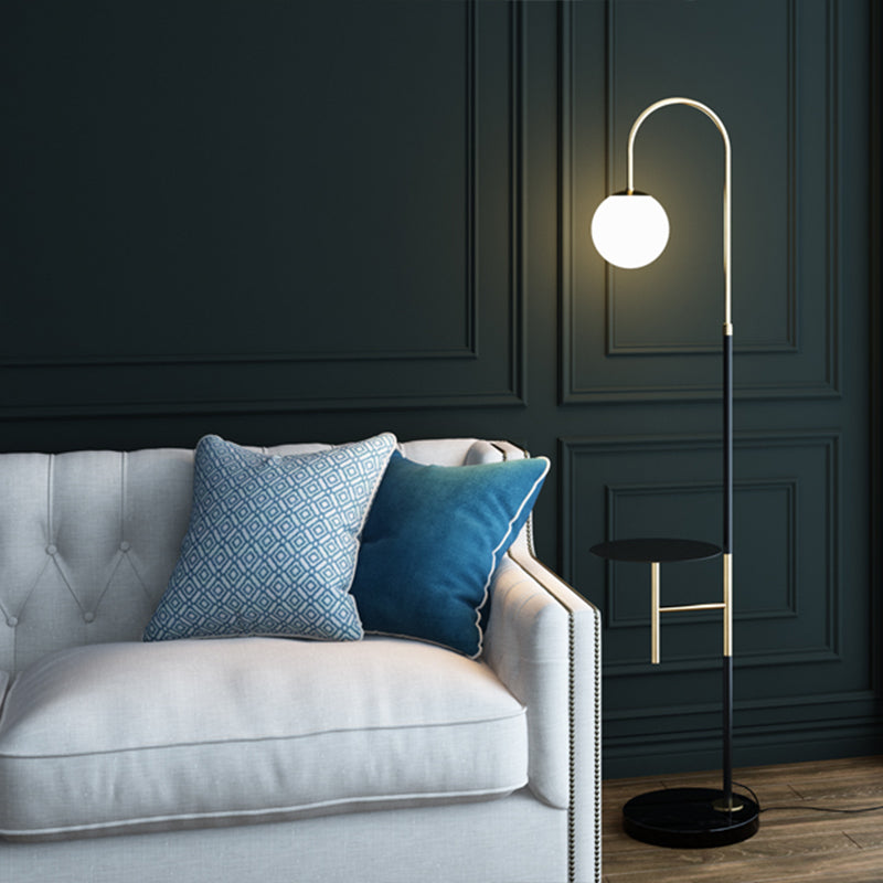 Minimalist Metal Gooseneck Floor Lamp With Single Tray And White Glass Shade