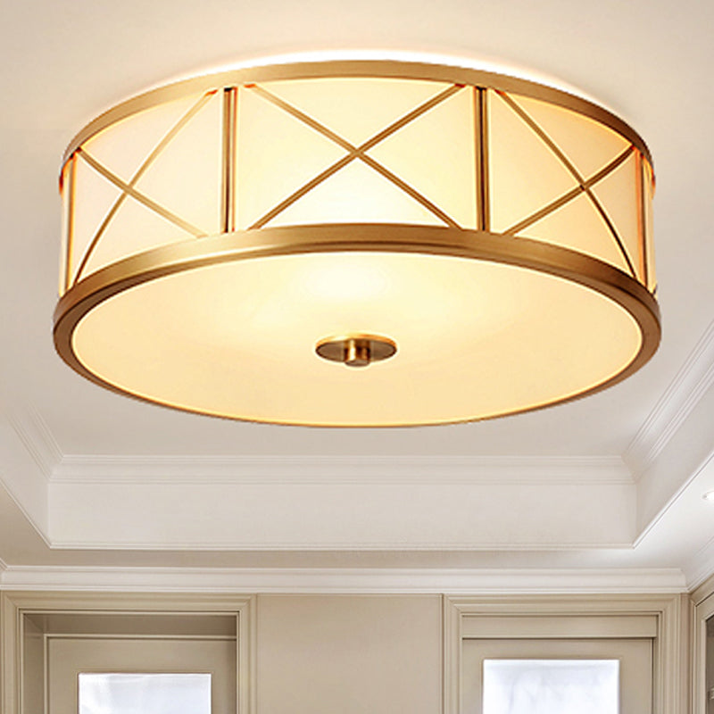 Traditional White Glass Drum Dining Room Flushmount Light with Brass Accent, 4 Lights, 11"/14"/18" W