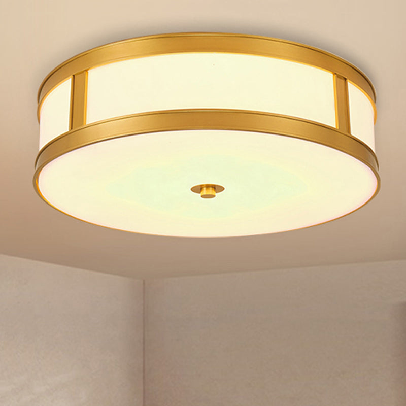 Traditional Brass Drum Flush Mount Ceiling Light Fixture with White Glass - 4 Lights - 14"/18" Width