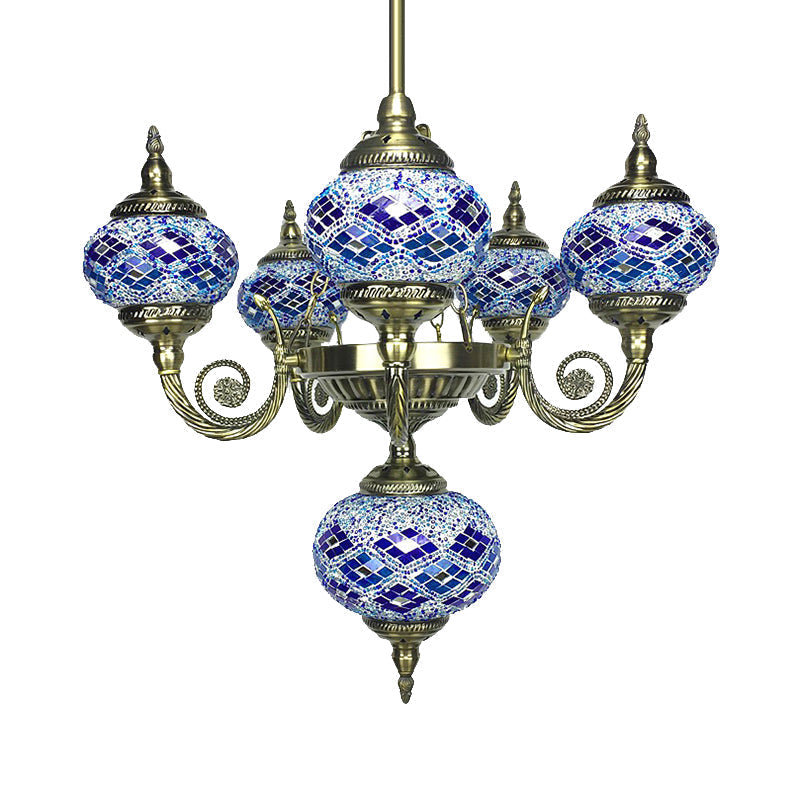 Curved Arm Pendant Chandelier: Traditional Red/Blue/Orange Red Glass 6-Bulb Hanging Light Fixture