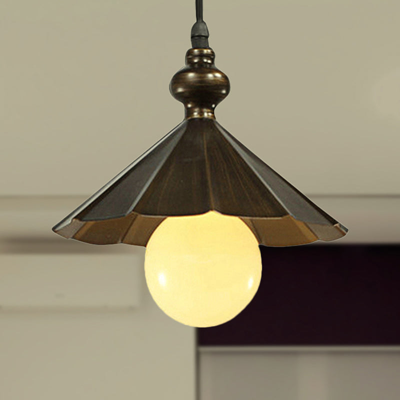 1-Head Industrial Rust Brown Scalloped Shade Pendant Light For Restaurants Metallic Ceiling Hanging