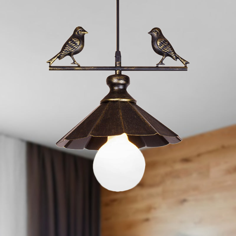 1-Head Industrial Rust Brown Scalloped Shade Pendant Light For Restaurants Metallic Ceiling Hanging