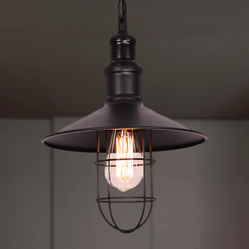 Suspension à abat-jour conique avec grille de protection - Luminaire suspendu en métal noir nautique pour une utilisation en intérieur