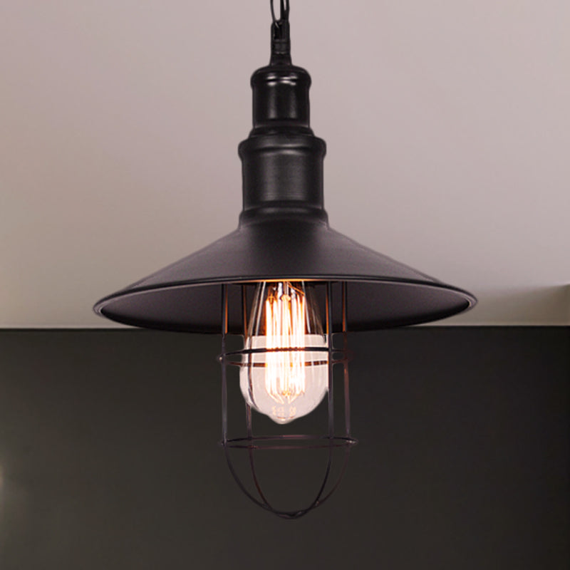 Suspension à abat-jour conique avec grille de protection - Luminaire suspendu en métal noir nautique pour une utilisation en intérieur