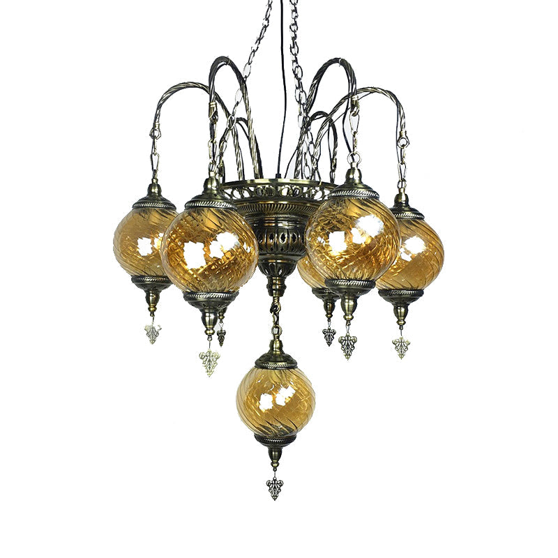 Vintage Amber Swirl Glass Globe Chandelier - Coffee House Pendant Light Fixture