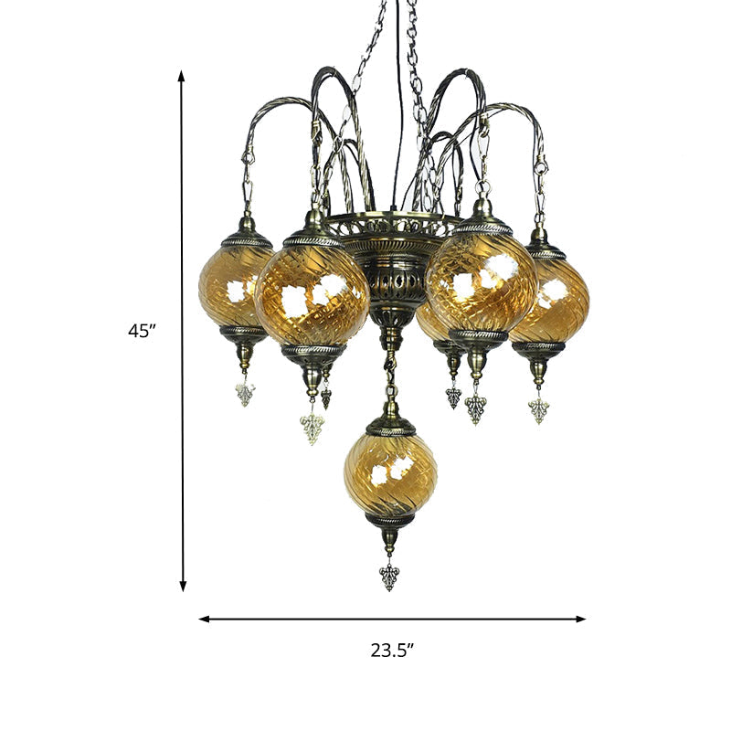 Vintage Amber Swirl Glass Globe Chandelier - Coffee House Pendant Light Fixture