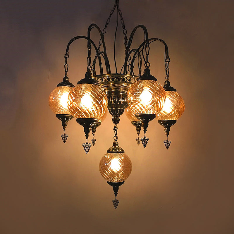 Vintage Amber Swirl Glass Globe Chandelier - Coffee House Pendant Light Fixture