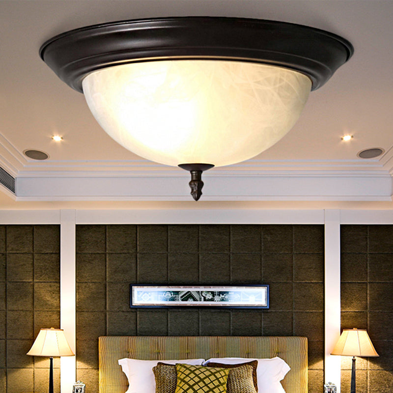 Classic Frosted Glass Flush Mount Lamp - Black/Black and Gold 3-Light Living Room Ceiling Fixture, 13"/15" Wide