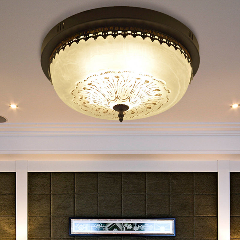 White Glass Flush Fixture with Traditional Design - 3/4 Lights - Black Finish - 14"/18" Wide