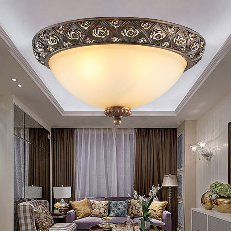 Traditional Brown Flush Light Fixture with Frosted Glass Bowl - 3 Lights - Bedroom Ceiling Mount - 10"/14.5"/18.5" Wide