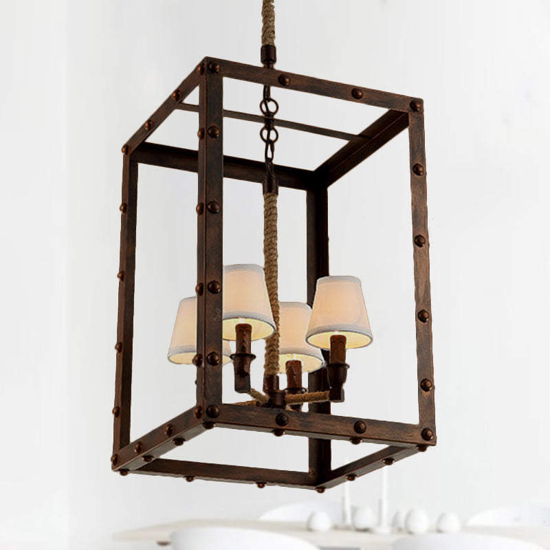 Antique Rectangular Pendant Lighting 4/8 Lights Chandelier with Inner Fabric Cone Shade in Rust - Perfect for Living Room