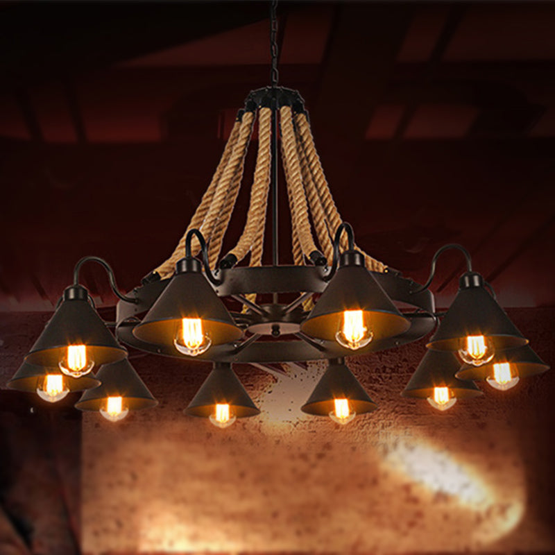 Farmhouse Metallic Cone Chandelier Lamp - 6/8 Lights Pendant Lighting with Rope Detail, Black
