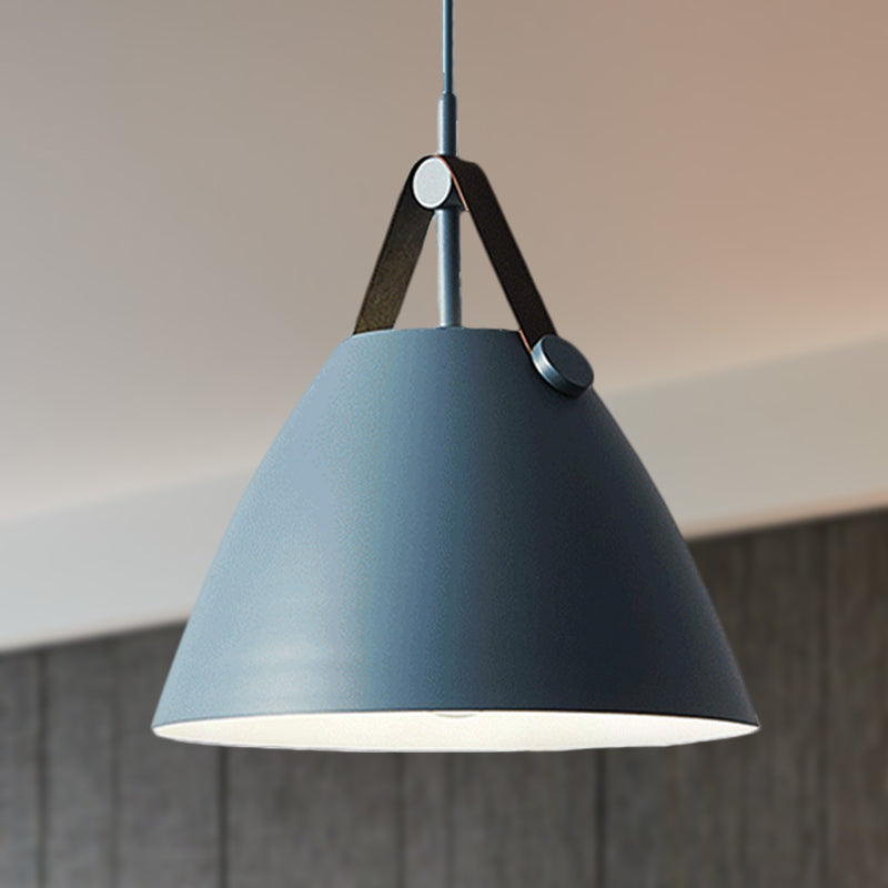Modernist Conical Pendant Lighting - Metallic Suspension Light with Leather Strap - Black/Blue - 10.5"/14" W - 1 Bulb - Perfect for Tables