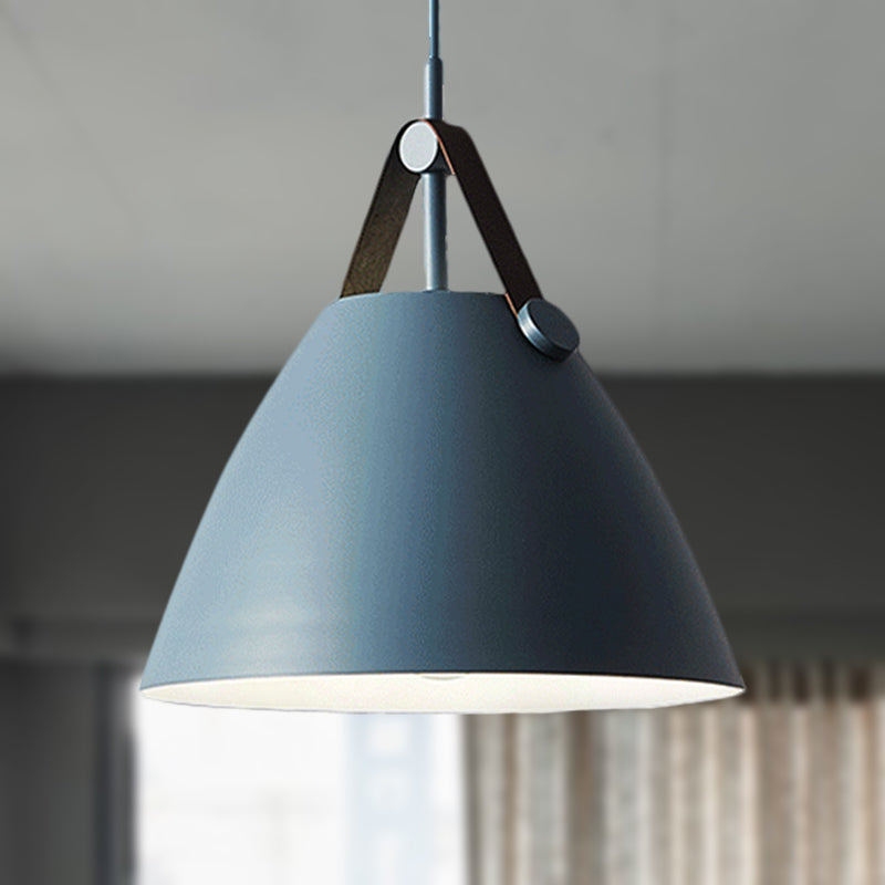 Modernist Conical Pendant Lighting - Metallic Suspension Light with Leather Strap - Black/Blue - 10.5"/14" W - 1 Bulb - Perfect for Tables