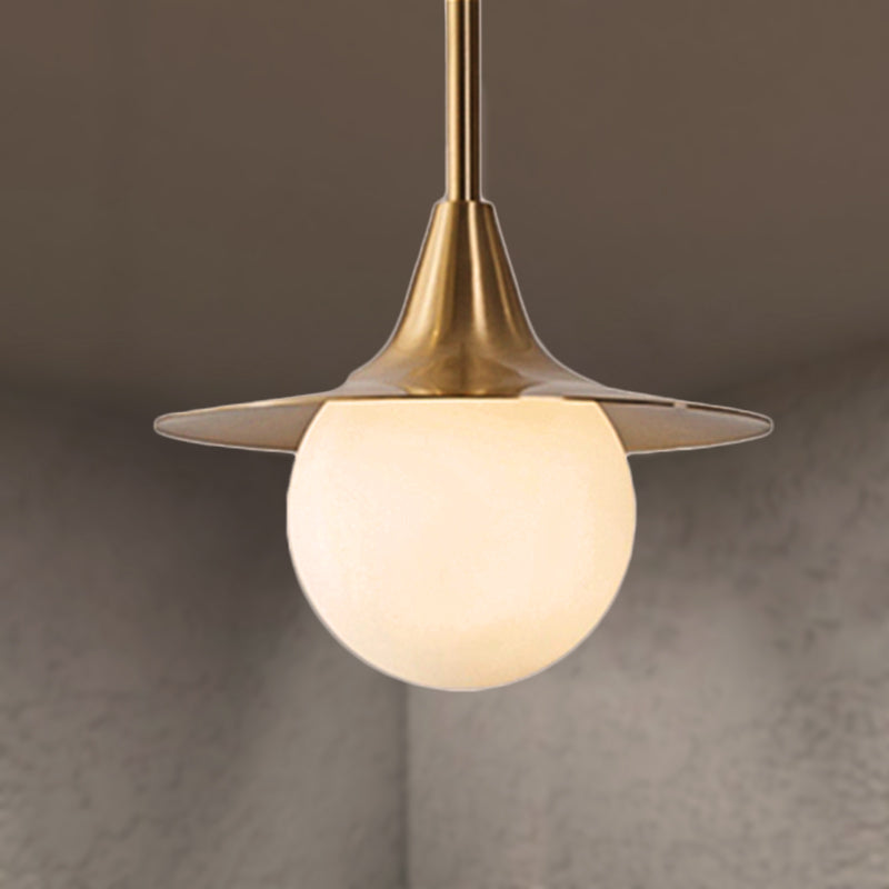Mid Century Brass Ceiling Pendant Light with Milk Glass Ball Shade - Stylish Hanging Lamp for Dining Table