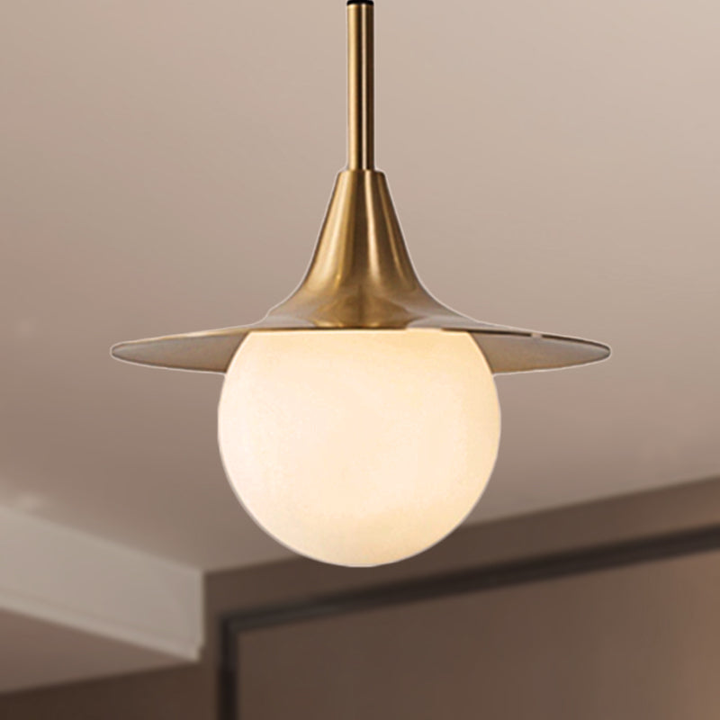 Mid Century Brass Ceiling Pendant Light with Milk Glass Ball Shade - Stylish Hanging Lamp for Dining Table
