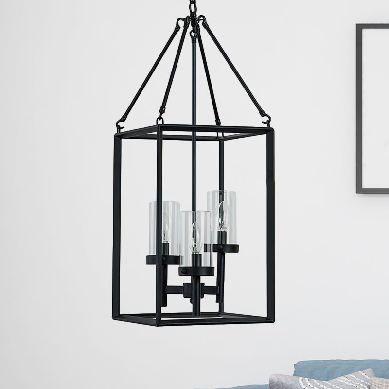 Lustre suspendu à cadre en métal noir vintage avec bougies en verre transparent - Plafonnier à 3 lumières