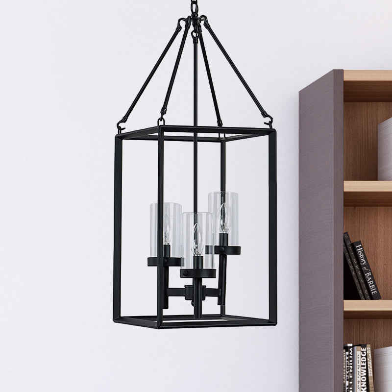 Lustre suspendu à cadre en métal noir vintage avec bougies en verre transparent - Plafonnier à 3 lumières