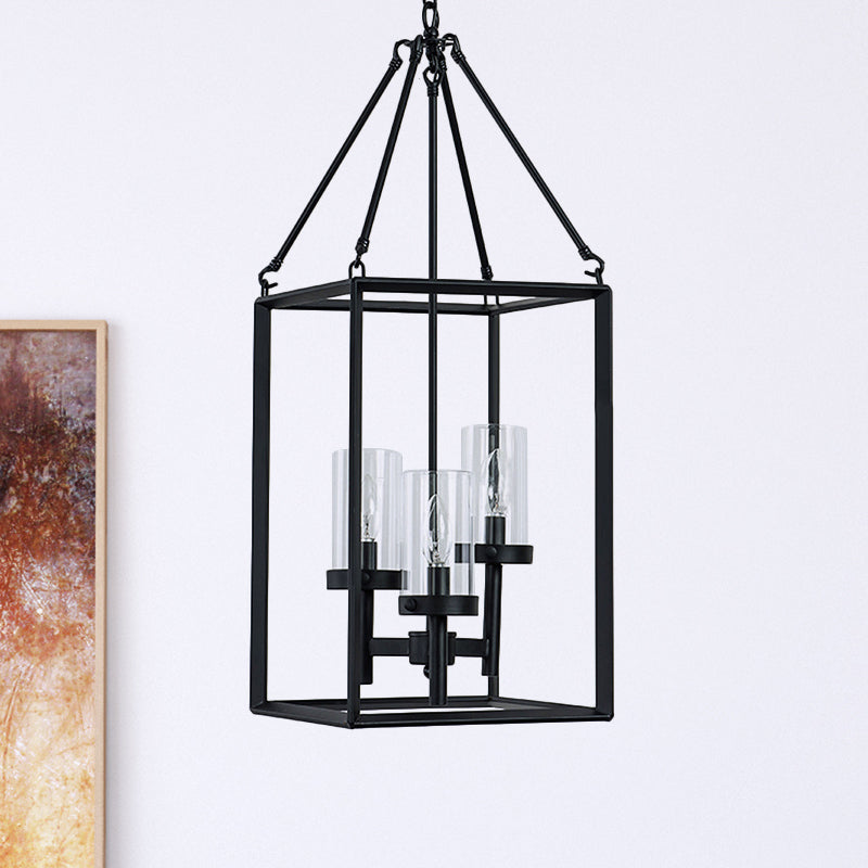 Lustre suspendu à cadre en métal noir vintage avec bougies en verre transparent - Plafonnier à 3 lumières