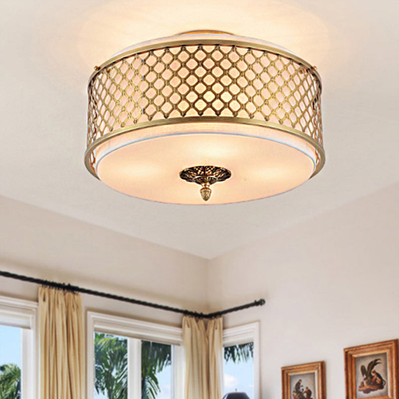 Classic Drum Metal Flush Mount Lamp, Brass Finish, 4/5 Lights, 16"/19.5" Wide, Living Room Ceiling Lighting
