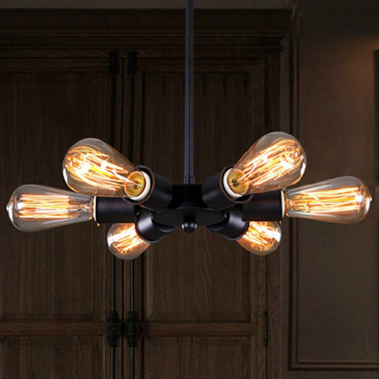 Adjustable Metallic Pendant Light with 6 Bulbs - Ideal for Study Room - Industrial Exposed Chandelier in Black