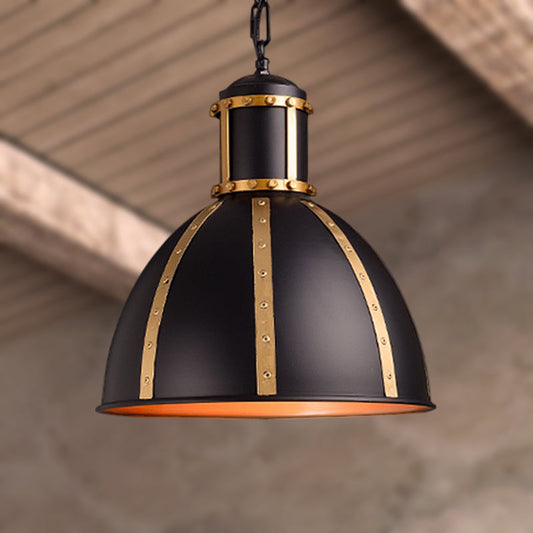 Vintage Style Black Metal Pendant Lamp with Rivets Decoration - 1 Light Dome Suspension Lighting
