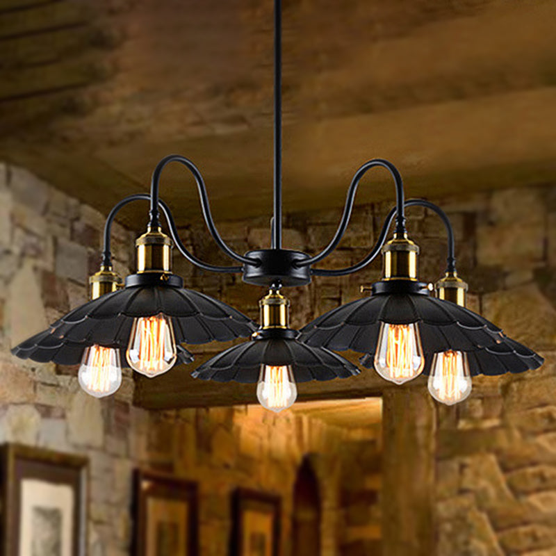 Industrial Metal Chandelier with Scalloped Design - Black Finish, 5 Heads, Indoor Pendant Lighting