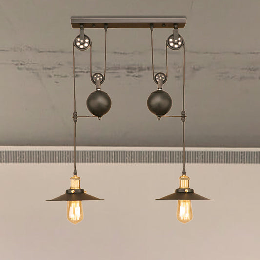 Wrought Iron Pendant Light Fixture with Black Finish - Antique Style Ceiling Light for Living Room (2 Bulbs, Flat Shade)