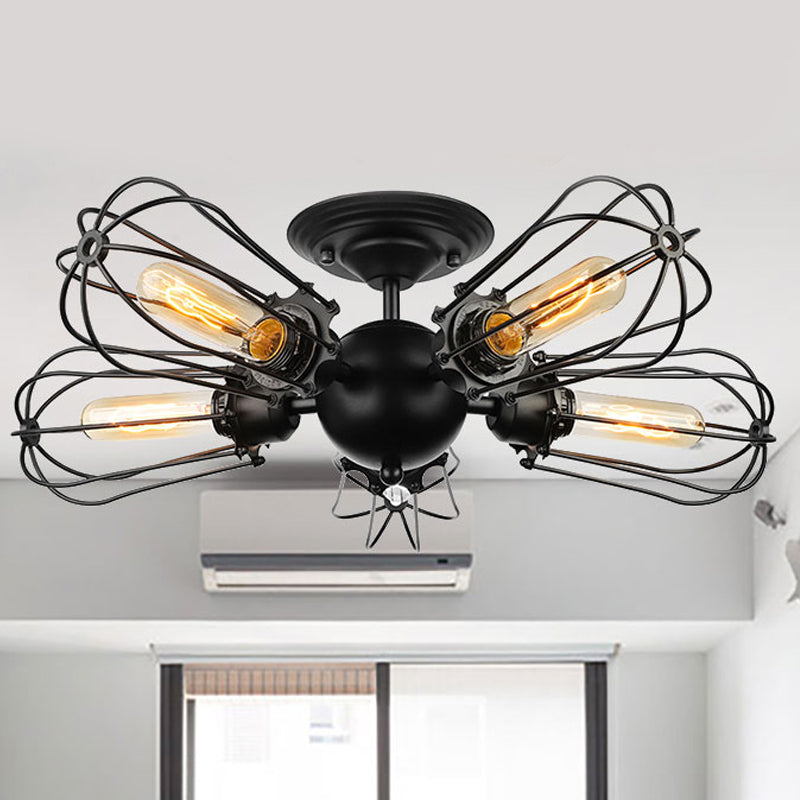 Rustic Wire Frame Ceiling Light - Vintage Bulb Shape with 3/5 Metal Lights in Black for Farmhouse Semi Flush Mount