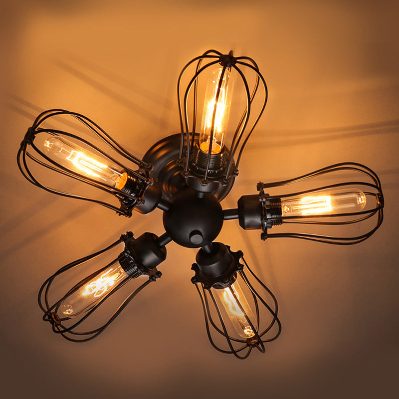 Rustic Wire Frame Ceiling Light - Vintage Bulb Shape with 3/5 Metal Lights in Black for Farmhouse Semi Flush Mount