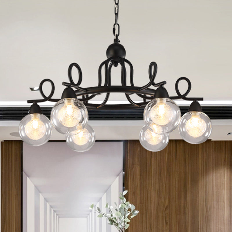 Rustic Mini Ball Clear Glass Pendant Light Fixture - 6/8-Light Hanging Chandelier in Black