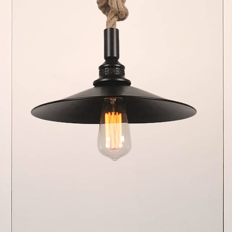 Farmhouse Style Flared Shade Dining Table Pendant Light in Black with Metal and Rope Accent