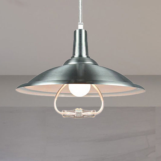 Vintage Style 1-Head Nickel Finish Saucer Pendant Light with Adjustable Cord - Farmhouse Iron Hanging Fixture