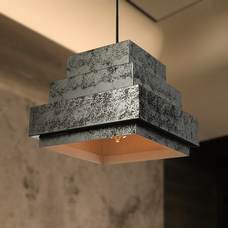 Ensemble de luminaires suspendus en métal de style antique - Carré/trapèze, 4 lumières - Cordon réglable, noir vieilli - Idéal pour les restaurants