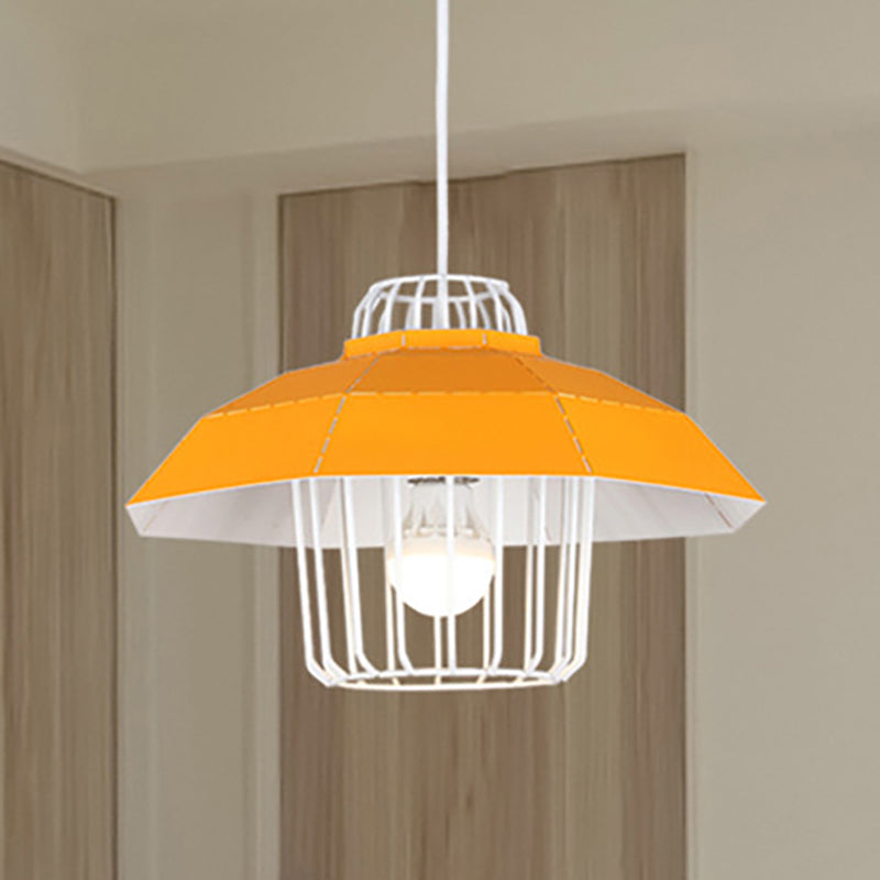 Macaron Style Drum/Bowl Shade Pendant Light - Metallic Hanging Lamp In Blue/Orange For Dining Table