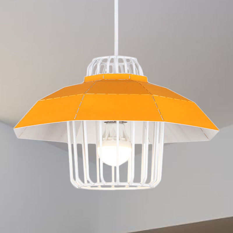 Macaron Style Drum/Bowl Pendant Light in Blue/Orange for Dining Table - Sleek Metallic Hanging Lamp with 1 Light