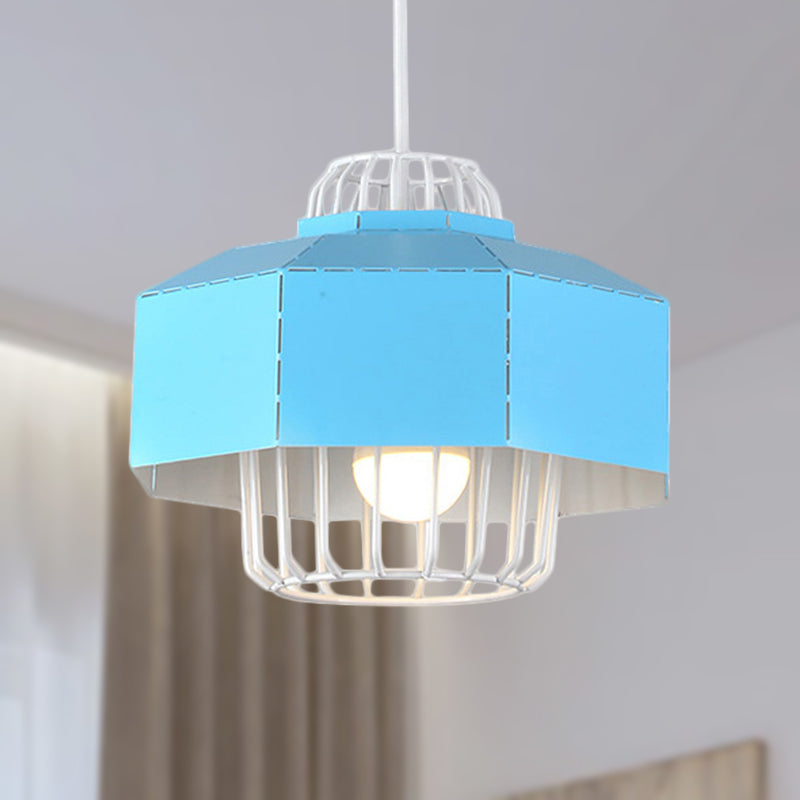 Macaron Style Drum/Bowl Pendant Light in Blue/Orange for Dining Table - Sleek Metallic Hanging Lamp with 1 Light