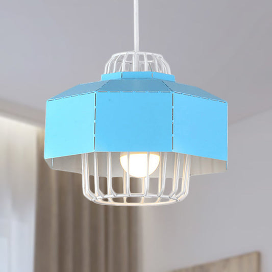 Macaron Style Drum/Bowl Pendant Light in Blue/Orange for Dining Table - Sleek Metallic Hanging Lamp with 1 Light